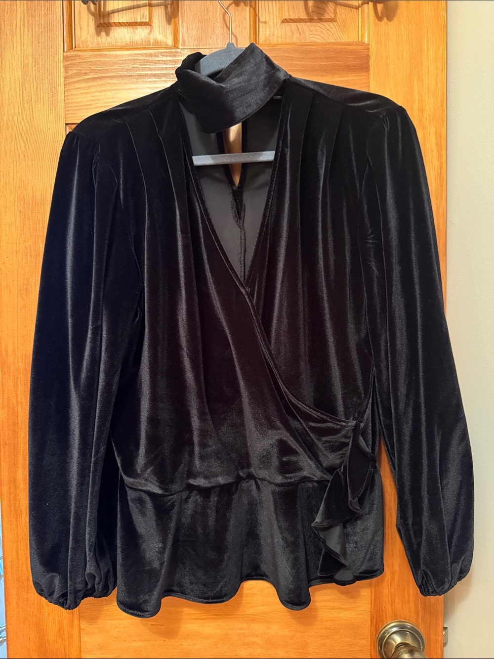 New York & Company Black Velvet Wrap Top with Choker Collar